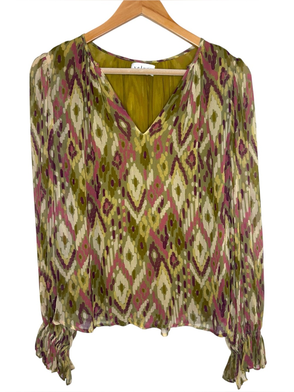 Velvet by Graham & Spencer blouse green pink print bishop sleeve small